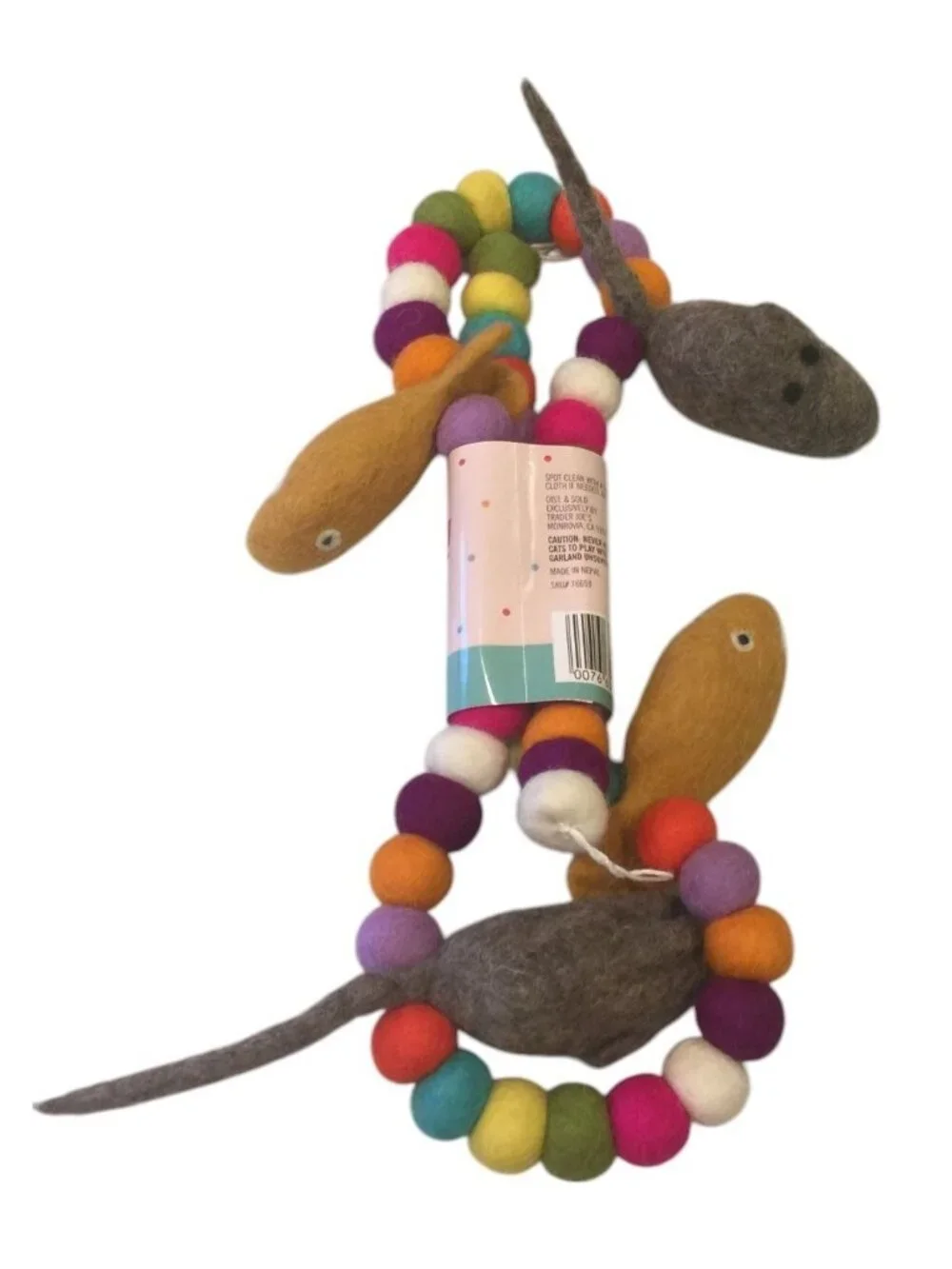 Trader Joe's HERE KITTY KITTY! Cat Toy Felted 3' Garland Mice Fish Balls